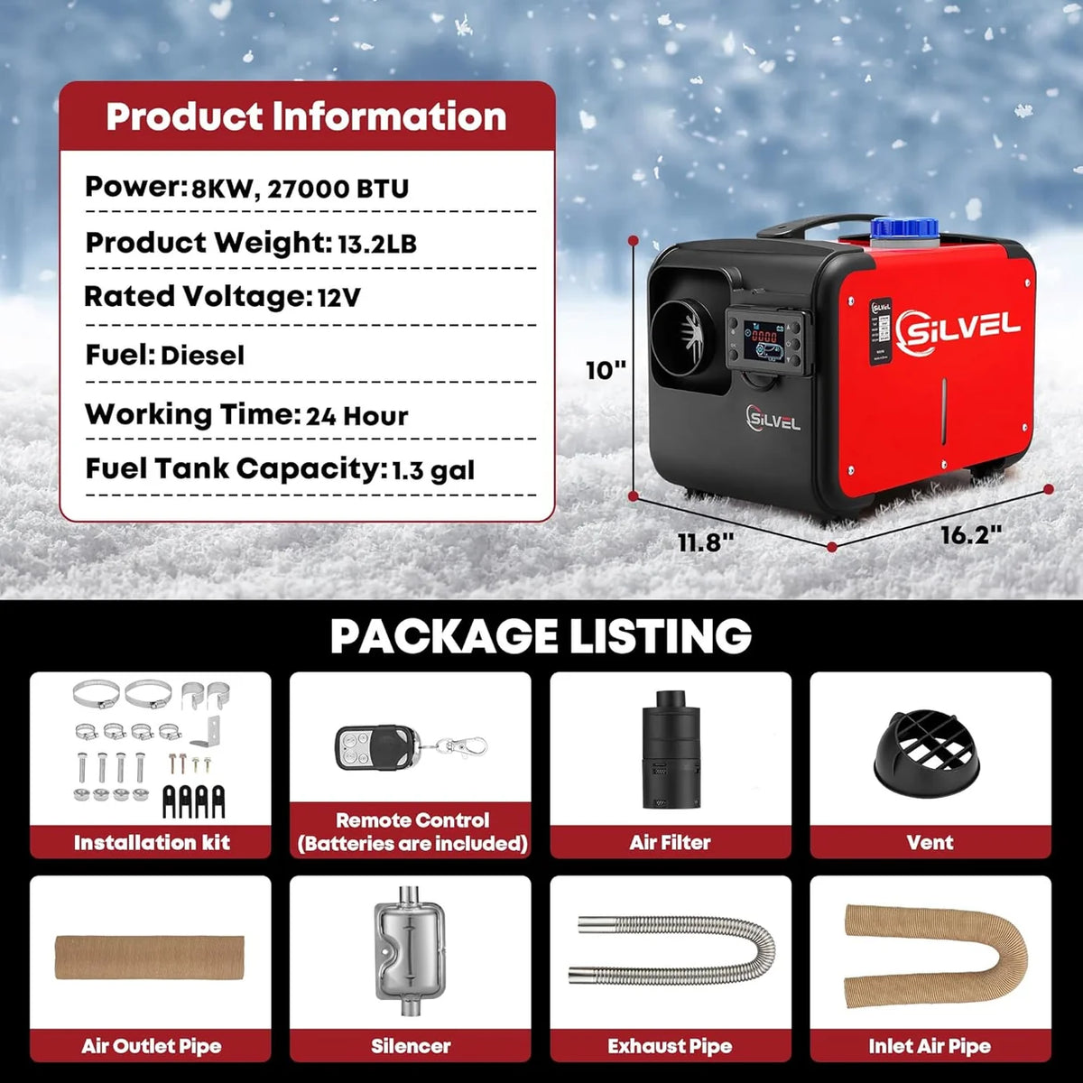 SILVEL 8KW 12V All-in-One Diesel Air Heater with 5L Tank