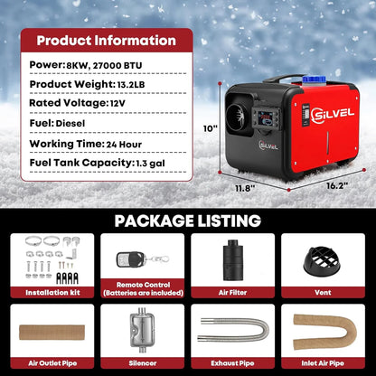SILVEL 8KW 12V All-in-One Diesel Air Heater with 5L Tank