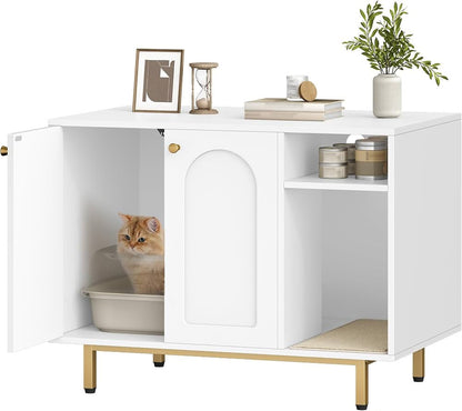 White & Gold Cat Litter Box Cabinet