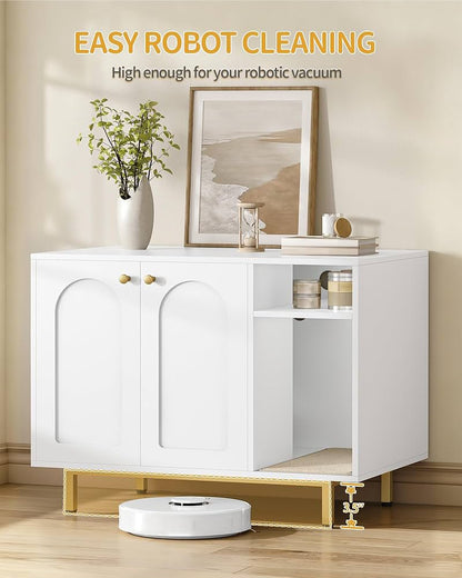 White & Gold Cat Litter Box Cabinet