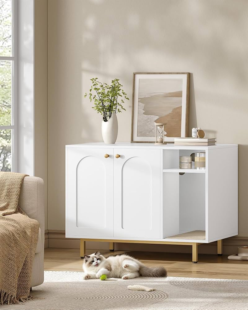 White & Gold Cat Litter Box Cabinet