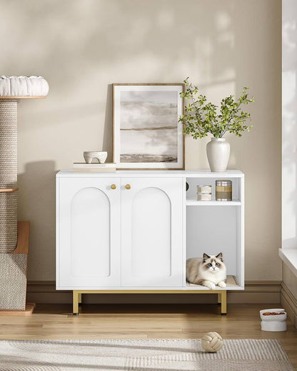 White & Gold Cat Litter Box Cabinet