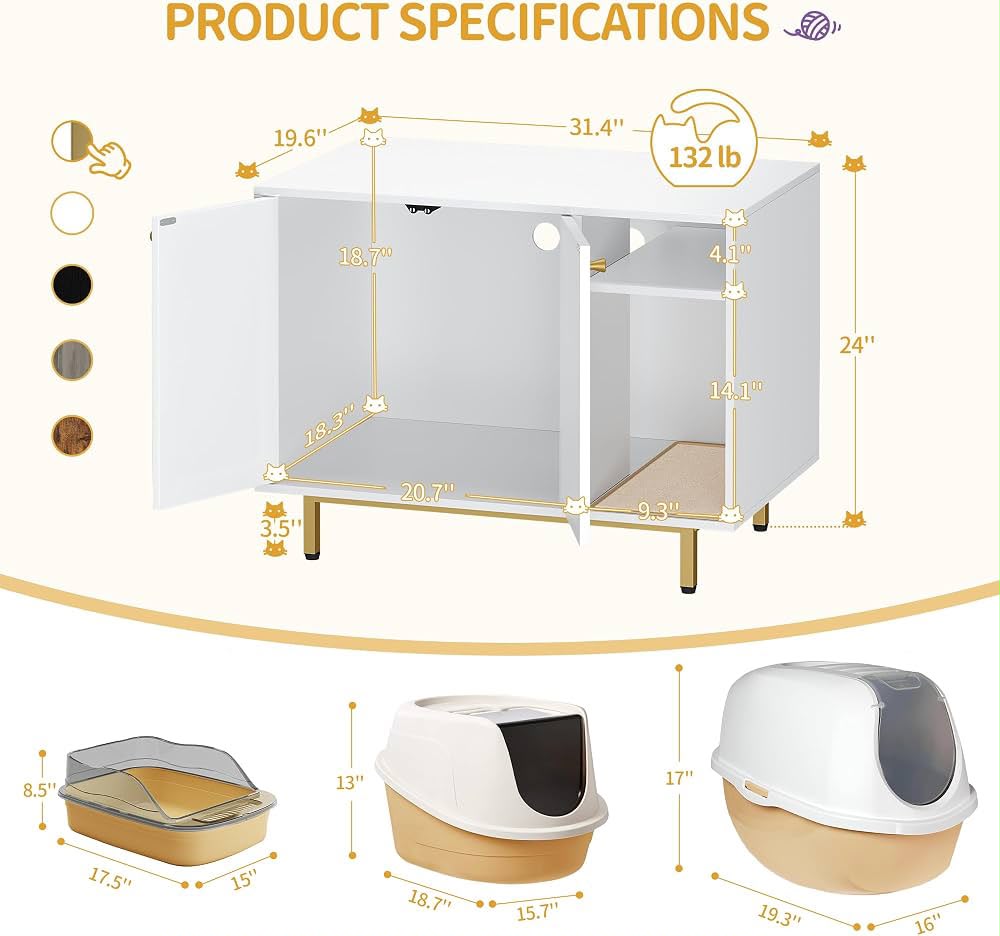 White & Gold Cat Litter Box Cabinet