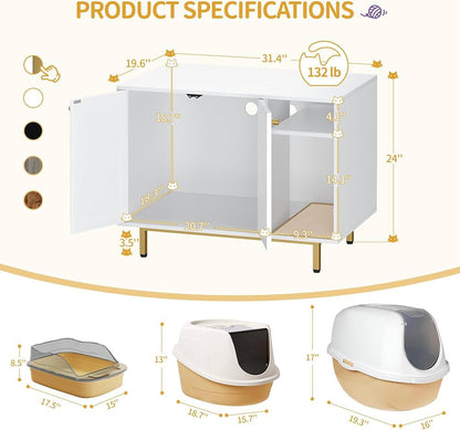 White & Gold Cat Litter Box Cabinet