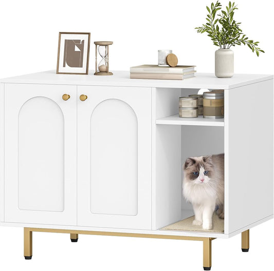 White & Gold Cat Litter Box Cabinet
